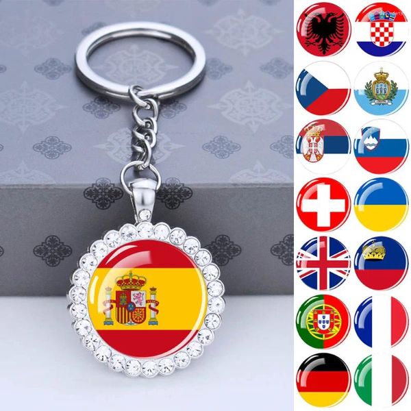 Keychains Europe National Flag Glass Dome Rhingestone Pendant Pendants Clé Chains Albanie Espagne Ukraine Russie France Allemagne Keyring
