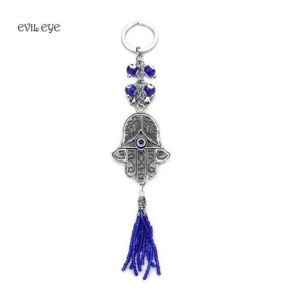 Porte-clés Evil Eye Bijoux de mode Porte-clés Tenture murale Pendentif Bleu Amulette Kabbale Main Fatima Verre Ring17152073