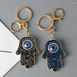 Keychains Evil Eye Hamsa Hand Keychain Hollow Rhinestone Fatima Blue Lucky Pendant Keyring Backpack Key Holder Accessoires