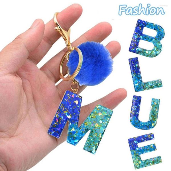 Porte-clés Exquis Bleu Pompon A-Z 26 Lettre Porte-clés Paillettes Coeur Paillettes Remplies Initiales Porte-clés Sac Accessoires Charme Porte-clés De Voiture