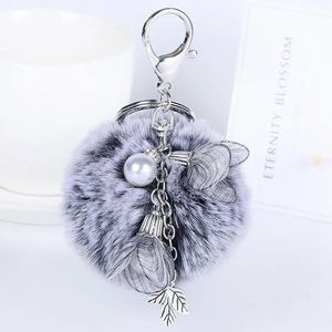 Porte-clés exquis perle en peluche porte-clés mignon boule sac voiture pendentif cadeau créatif porte-clés tissu fleurs charme