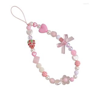 Porte-clés F19D Chaînes de téléphone perlées Sangles de bracelet Strawberry Heart Bowknot Hanging Chain