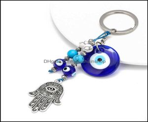 Keychains Fashion Accessoires 2021 Turc Evil Eye Lucky Blue Fatima Hand Charket Chain de clés Vintage Keyring For Men Women C3580594