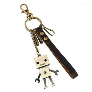 Keychains Fashion Alloy Robot Key Chain Retro Echt lederen Bronze Charm Women Men Kinderen Keyrings Bag Car Vintage Accessoire