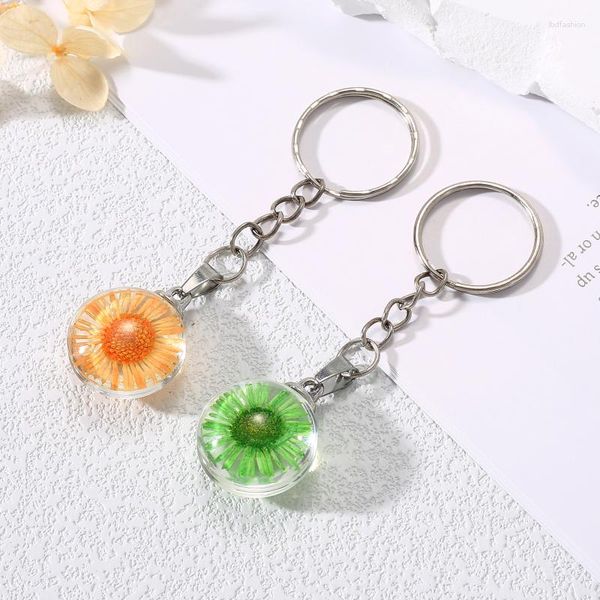 Porte-clés boule de mode naturelle véritable fleur séchée pétale pendentif en verre porte-clés jonquilles marguerite à l'intérieur Dangle porte-clés sac support de voiture