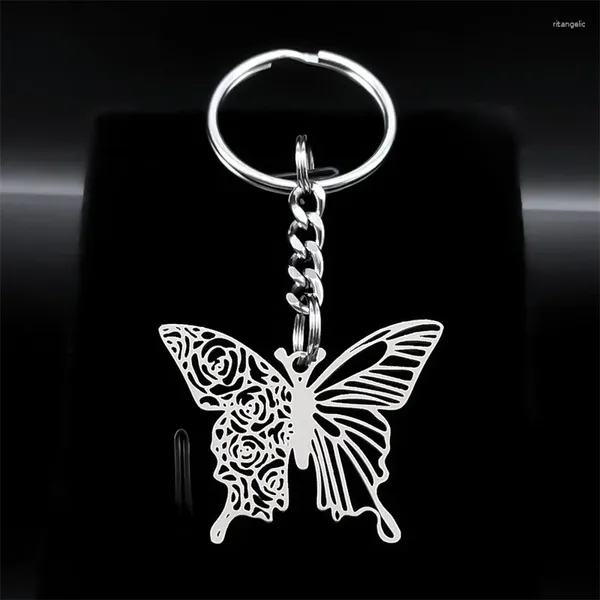 Porte-clés Mode Papillon Fleur Métal Porte-clés En Acier Inoxydable Couleur Argent Creux Insecte Chaîne Femmes Hommes Bijoux Cadeaux K6121SRS08