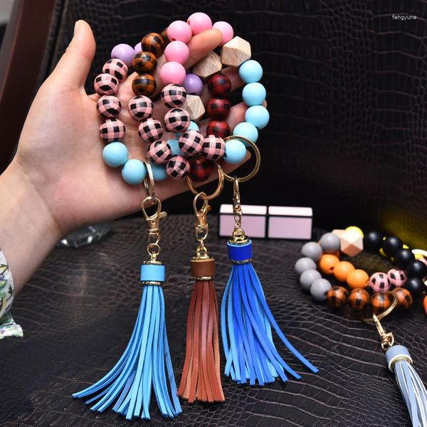 Llaveros Moda Creatividad Pulsera de cuentas de madera para mujeres Exquisito Retro Borla Llavero Colgante Adornos Llavero Regalos 2023