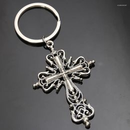 Porte-clés mode croix alliage jésus religieux creux couleur argent porte-clés pour amis femmes hommes cadeaux bijoux