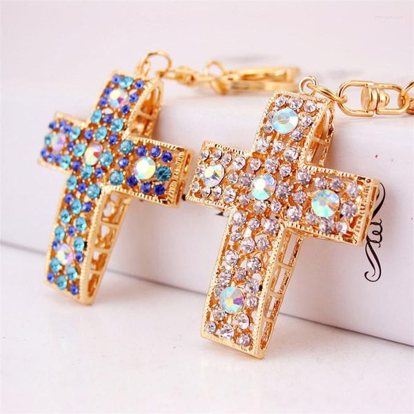 Porte-clés mode cristal croix porte-clés religieux chrétien jésus strass femmes prière dieu bénisse cadeau Souvenir porte-clés