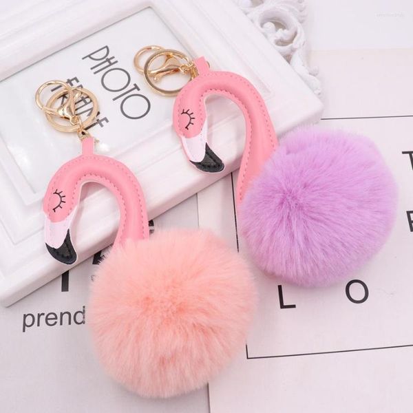 Porte-clés mode mignon Chaveiro pompon porte-clés flamant rose porte-clés moelleux fausse fourrure boule femmes voiture sac Pompon anneau accessoires