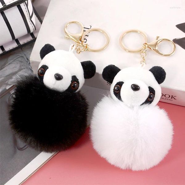 Keychains Fashion Faux Fur Animal Panda Keychain Soft Pom Pom Fluffy Peechal Car Anillos de llave para mujeres Decoraciones de colgantes