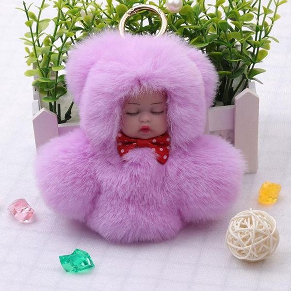 Llaveros Moda Faux Rex Fur Pompom Sleeping Baby Toy Llavero con anilla Mujer Bolso Charms Pom Doll Llavero Fiesta Regalo Baratija