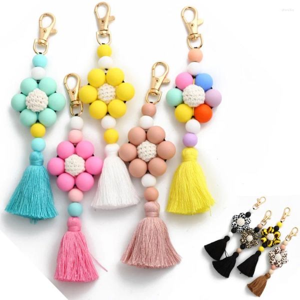 Keychains Fashion Flower Pendants Bolsas de llaves de llaves Accesorios para mujeres Silicona Leopardo Tassel
