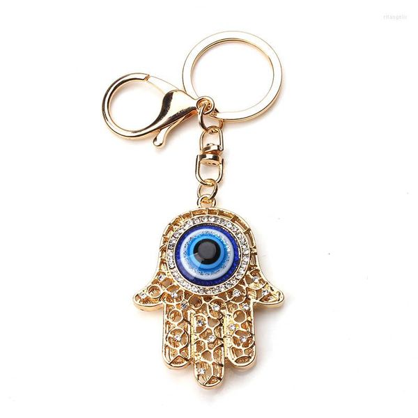 Keychains de moda color oro hueco hamsa cadena de llave de la mano turca ojo mal cristal fatima anillo de palma