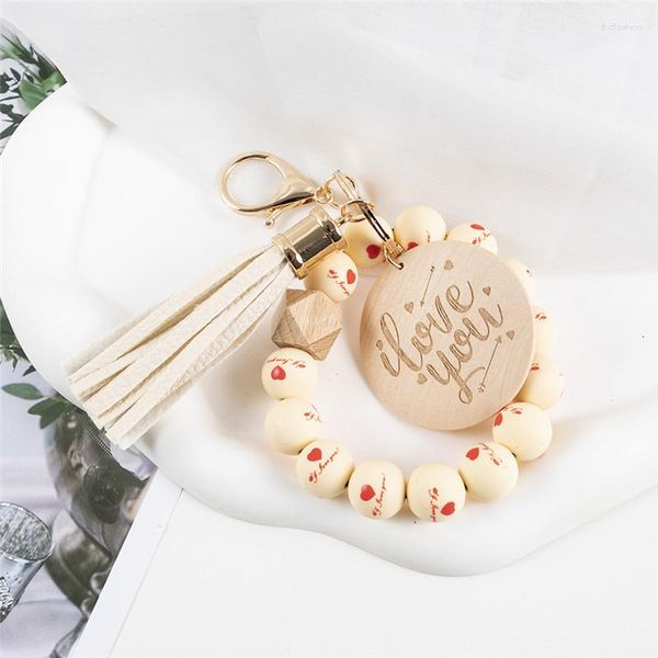 Llaveros Moda Corazón Flor Cuentas de silicona Borla Llavero Letra de madera Disco de madera Pulsera Llavero para mujeres Niñas Joyería Regalos