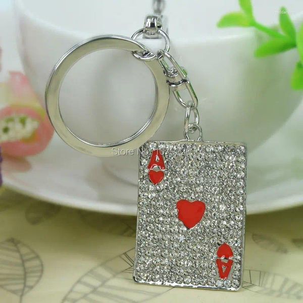 Llaveros Joyería de moda Bolso Mujeres Red Heart Poker Un llavero de coche Rhinestone Crystal Charm Colgante Llavero Cadena Regalo de Navidad