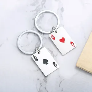 Llaveros Moda Lucky Spades Heart Ace Llavero Acero inoxidable Cuadrado Tarjeta de póquer Llavero Encantos
