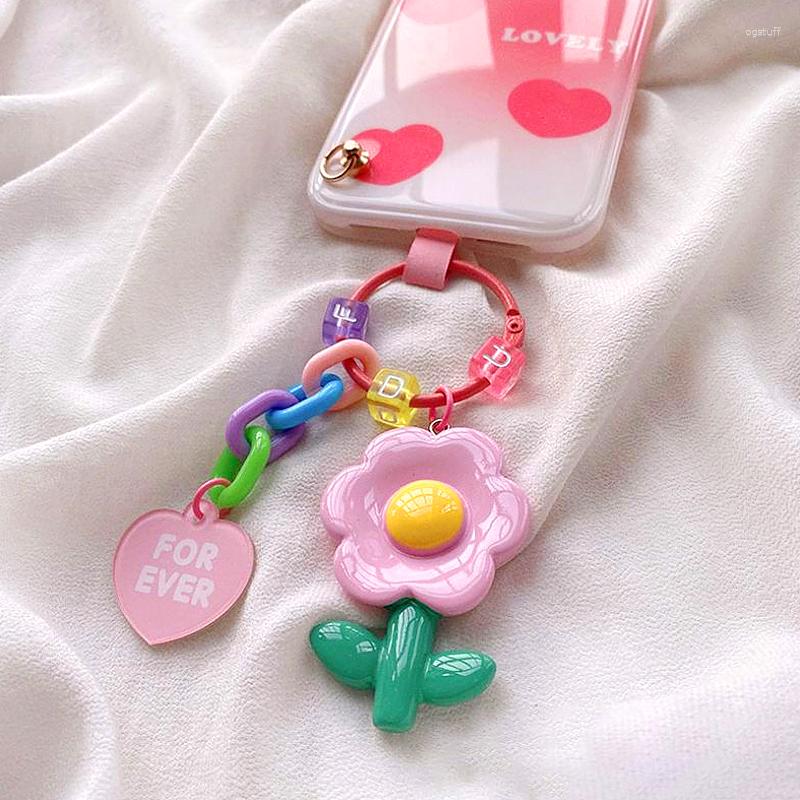 Keychains Fashion Mobile Phone Chains For Women Useful Cute Resin Flower Pendant Keyring Girls Creative Korean Style Key Ring