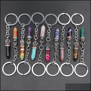 Keychains Fashion Stone Natural Hexagonal Columna Crown Keychain Mujeres Cristal Rose Quartz Anillos de llave Bag Fieca de joyería de automóvil