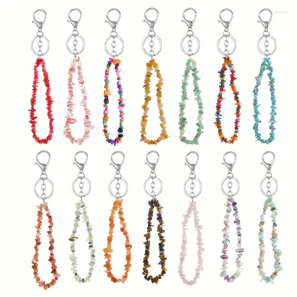 Keychains Fashion Naturel Stone Key Rings Perles de puce Nuggets Fluorite Amethyst Rose Crystal Quartz Sac de porte-clés Carring