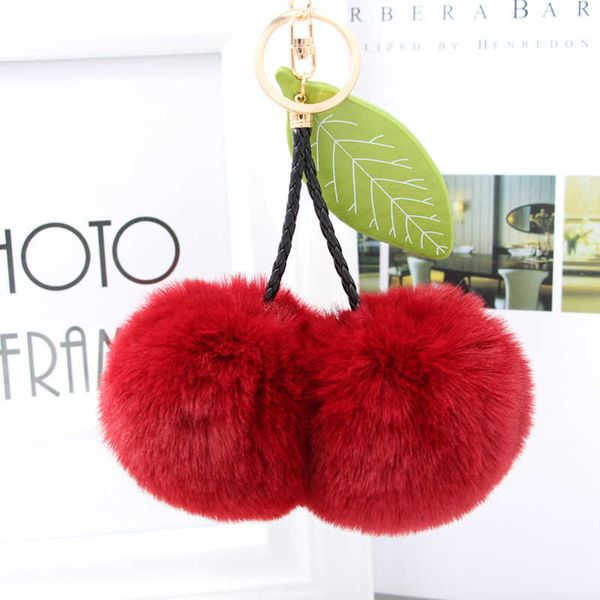 Porte-clés Mode Nouveau Mignon Fluffy Artificielle Boule De Fourrure De Lapin Pompon Feuille Chaîne Cerise Chaîne Sac À Main Pendentif De Voiture Anneau S253 G221026