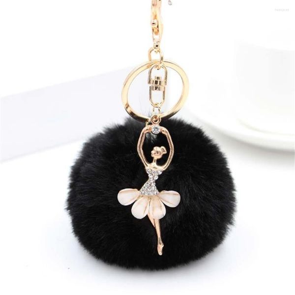 Llaveros Moda Rhinestone Ballerina Girl Llavero Fake Fur Ball Metal Key Ring Mujeres Bolso Mochila Coche Colgante Joyería Regalos