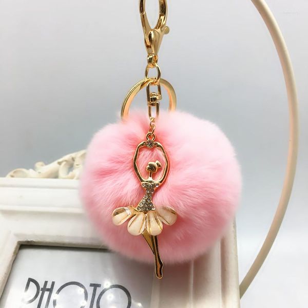 Llaveros de moda, llavero de bailarina con diamantes de imitación, bonito llavero con pompón de piel de imitación para mujer, bolso colgante, llavero de coche, regalos