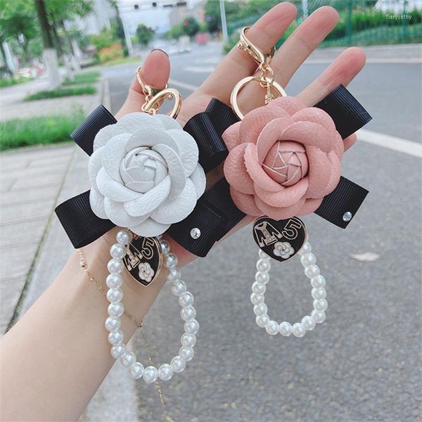 Porte-clés Fashion Style Bowknot Camellia Porte-clés Creative Pearl PU Cuir Rose Sac Pendentif Accessoires