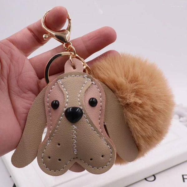 Keychains Fashion Sweet mignon cuir animal chien fausse boule de fourrure clés de la chaîne clés de pompom anneaux de filles bijoux de sacs