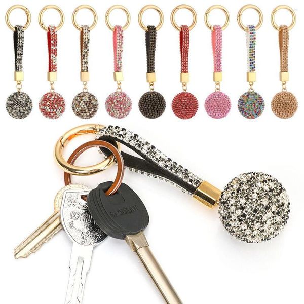 Llaveros de moda para mujer, correa de cuero con diamantes de imitación, bola de cristal, llavero de coche, colgante, llavero, accesorios