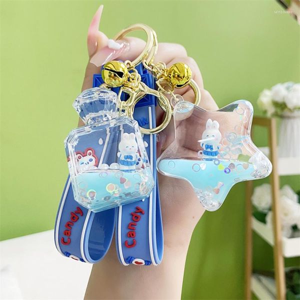 Llaveros flotante aceite líquido leche té taza muñeca llavero azul llaveros mujeres encanto bolso colgante coche anillo