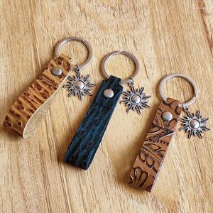 Porte-clés Modèle de fleur Timbre Véritable Cuir Anime Porte-clés Accessoires Porte-clés Bague avec métal Angel Wing Sun Cactus Charme de téléphone