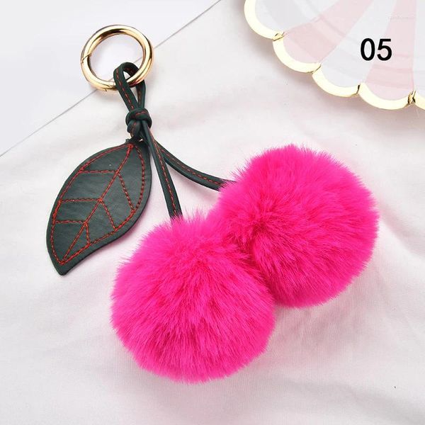 Keychains Fluffy Artificial Fur Fashion Linda pelota Pompom Hoja Keychain Cherry Key Cadena Bolso de bolsillo Cartero colgante