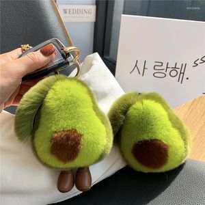 Keychains Fluffy schattige avocado ornamenten Rex Fur Keychain Dames Bag hanger zacht fruit pop speelgoed auto sleutel metaal ring meisje cadeau