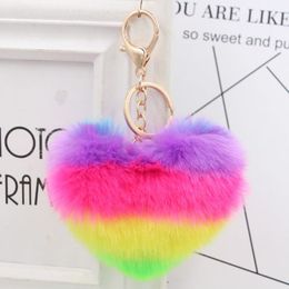 Keychains Fluffy Pompom Gifts For Women Soft Heart Shape Pompon Fake Key Chain Ball Car Bag Accessoires Ring