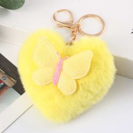 Keychains Fluffy Pompom Keychain Gifts for Women Soft Heart She Pompon Pompon Fake Rabbit Key Chain Ball Bag Accessoires Key Ring L230314