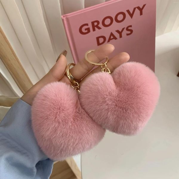 Llaveros Fluffy Real Rex Bola de piel PomPom Corazón Llavero Suave Genuino Lindo Bolso Encanto para Mujeres Accesorios