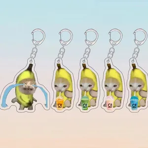 Porte-clés nourriture tête de chat banane Expression heureuse porte-clés amusant dessin animé pendentif lanière petite mode téléphone portable porte-clés