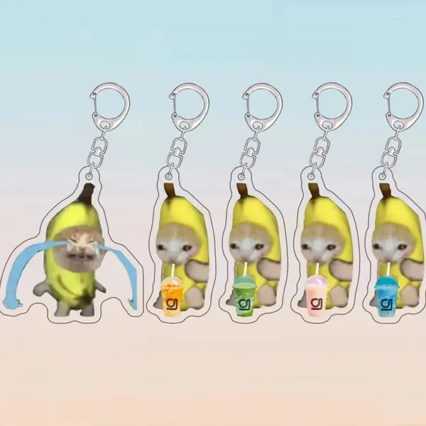 Porte-clés nourriture tête de chat banane Expression heureuse porte-clés amusant dessin animé pendentif lanière petite mode téléphone portable porte-clés