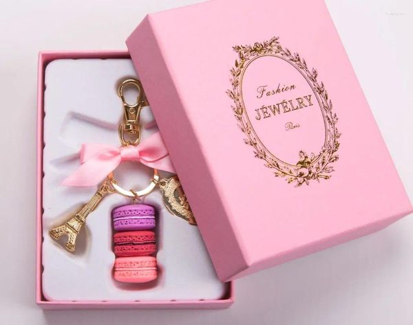 Keychains France Effiel Tower Brands Mujer Macarons de lujo Cake Keychain on Bag Purse Handbag Carms con caja de regalo