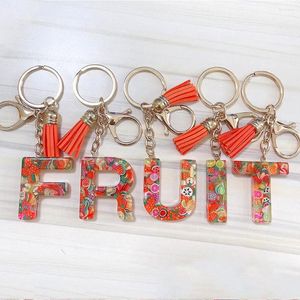 Keychains Fruit Elements Hars 26 Letters Keychain met kwast Women Initiële letter Key Rings voor meisjes Handtas ornamenten