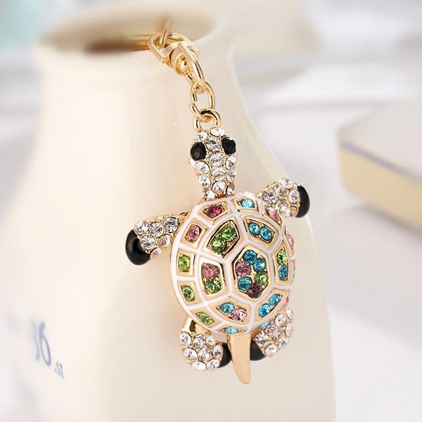 Keychains de tortuga de cristal completo llavero llave anillos de la mujer del mango del bolso de la niña del anillo de la cadena de diamantes de imitación joyas 2023