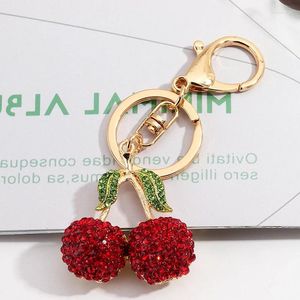 Porte-clés plein cristal rouge cerise pour femmes hommes mignon fruits dorés porte-clés fille voiture pendentif porte-clés enfant sac anneau accessoire