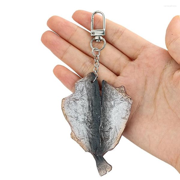 Llaveros Emulación divertida Filetes de pescado marino a la parrilla Delicias de mariscos PVC Resina Colgante Llavero Po Prop Modelo DIY Mochila Joyería