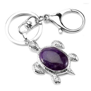 Porte-clés FYJS Unique Argent Plaqué Cercle Fermoir Tortue Forme Améthystes Porte-clés Opalite Opale Bijoux