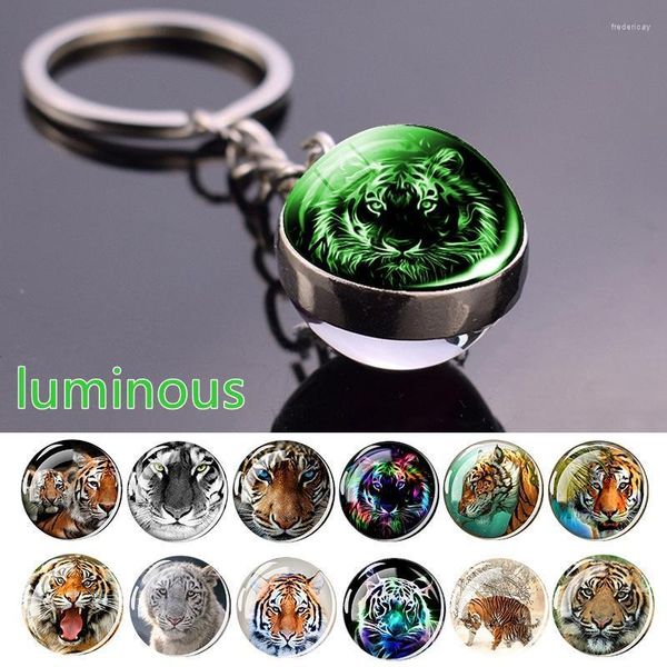 Porte-clés brille dans le tigre foncé porte-clés double face boule de verre porte-clés anneau animal lumineux bijoux fred22