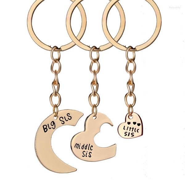 Keychains Golden Big Sis Middle Little Letter Heart Key Rings 3pcs Family Bijoux Charme Keyholder Finder BFF Keyrings
