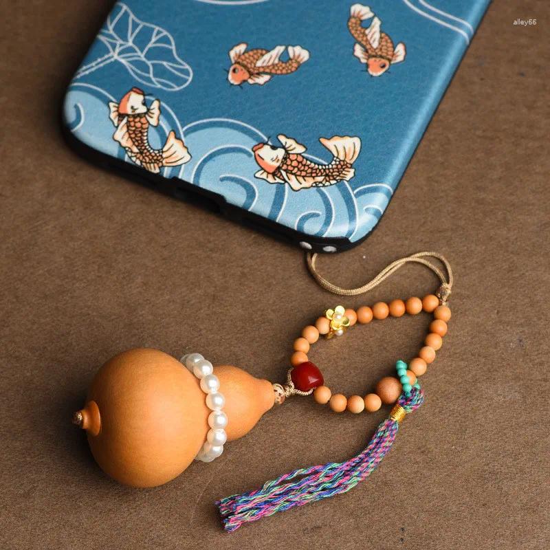 Nyckelringar kalebass mobiltelefon hängande med olivkärnan pärla skal sandelbock handvävd hänge nyckelkedja lekpåse tillbehör