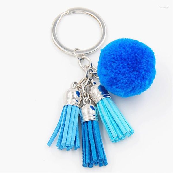 Llaveros degradado azul amarillo rosa verde borla piel marca bolsa llavero pompón coche llavero bola encantos DIY joyería llaveros