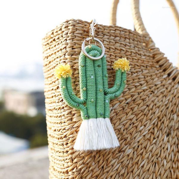 Llaveros de Cactus verdes, llaveros de moda hechos a mano, coche bohemio para mochila, llaves de plantas tejidas creativas, venta al por mayor